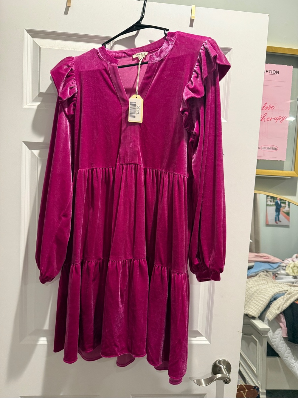 JODIFL Velvet Tiered Dress in Fuchsia